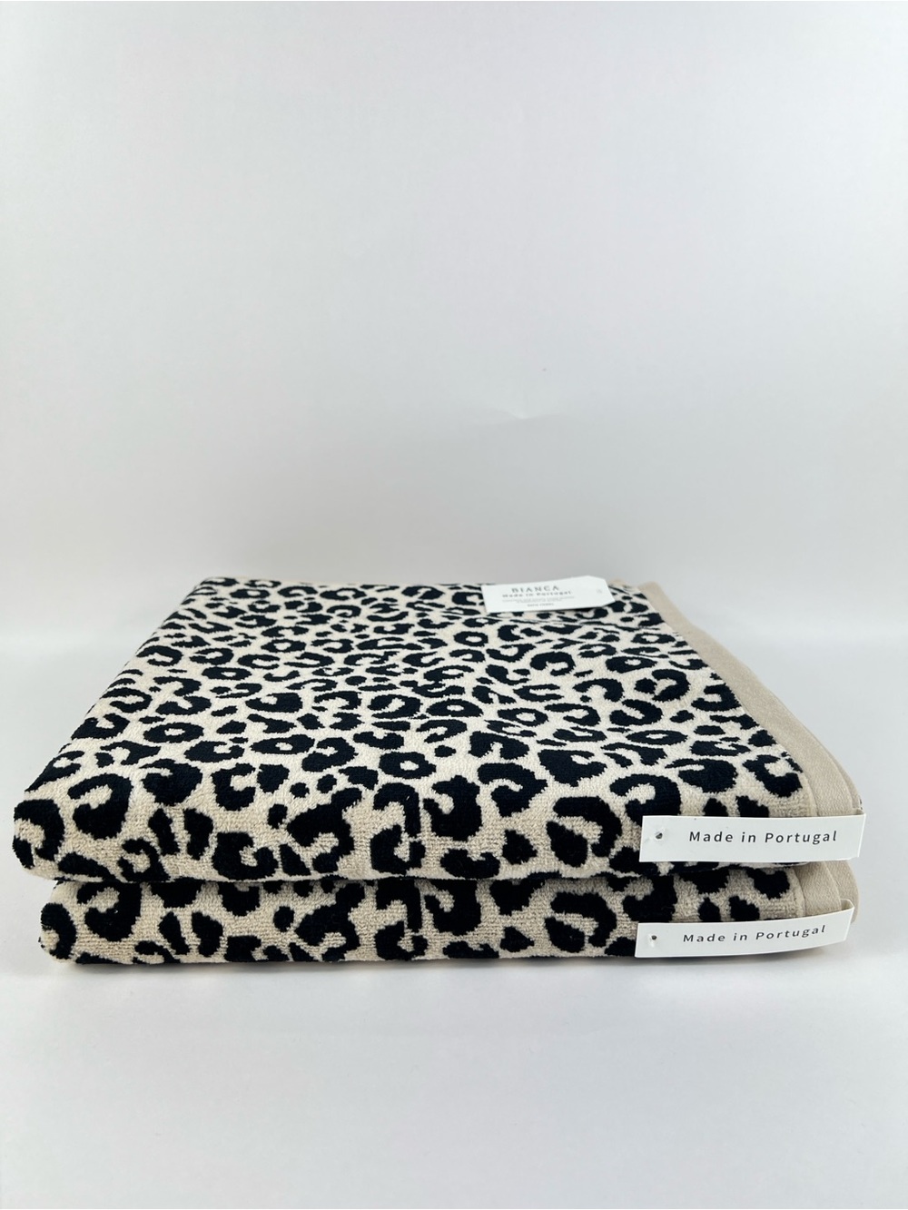 Bianca Bath Towel Set Luxurious Beige Black Leopard Print Velour Cotton 2 pc NEW